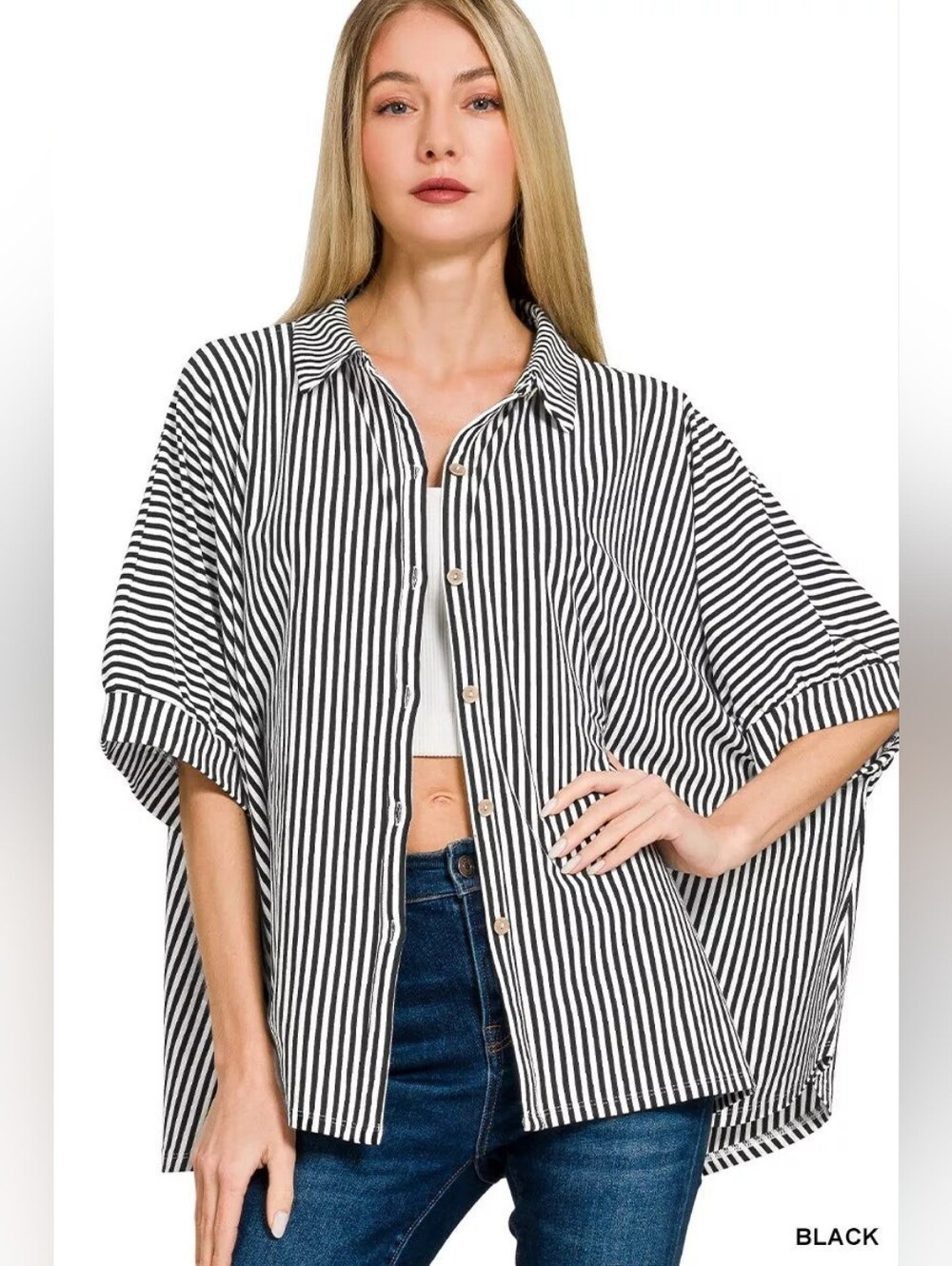 Zenana Black White Oversized Vertical Stripe Button-Down Short Sleeve Shirt L/XL